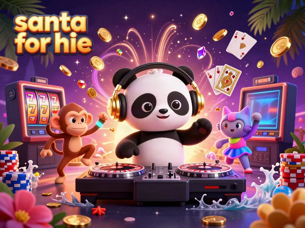 Engage with a vibrant scene where a Santa for hire entertains amid cascading coins and festive symbols.