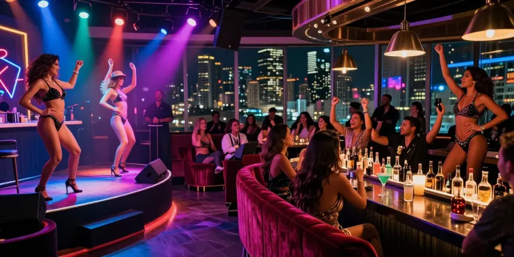 Miami strippers performing in a vibrant nightclub, captivating an energetic audience.
