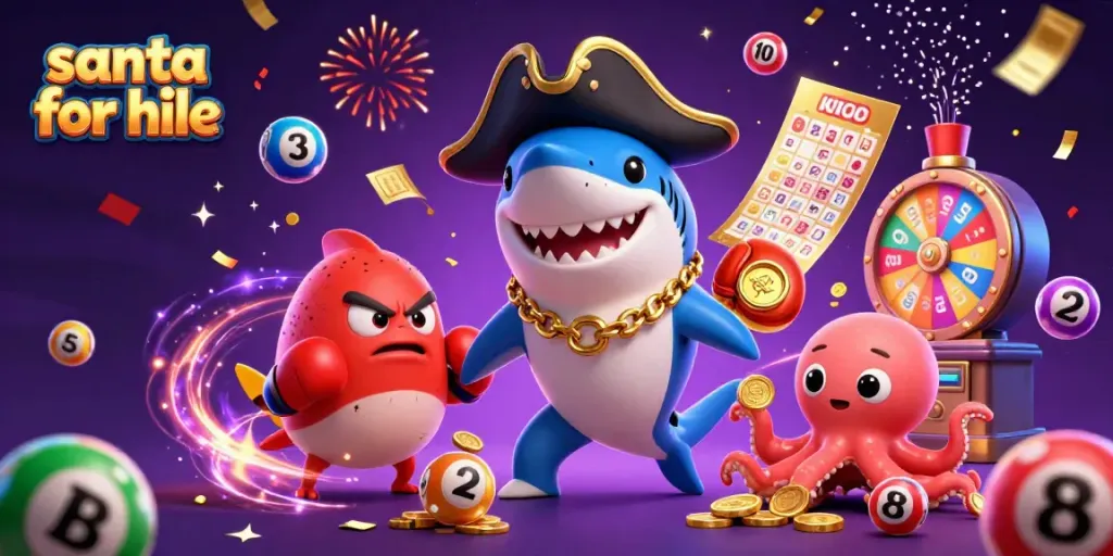 Engage with a dynamic scene featuring a pirate shark, pufferfish, and octopus in a vibrant casino setting filled with lottery elements.