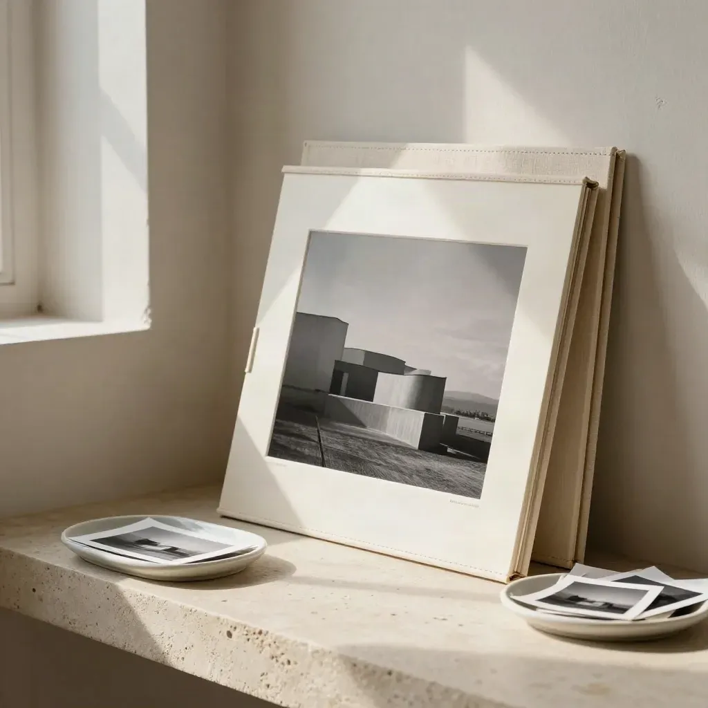 Portfolio presentation on a pale stone ledge with prints, a linen case, and ceramic tray in warm window light.