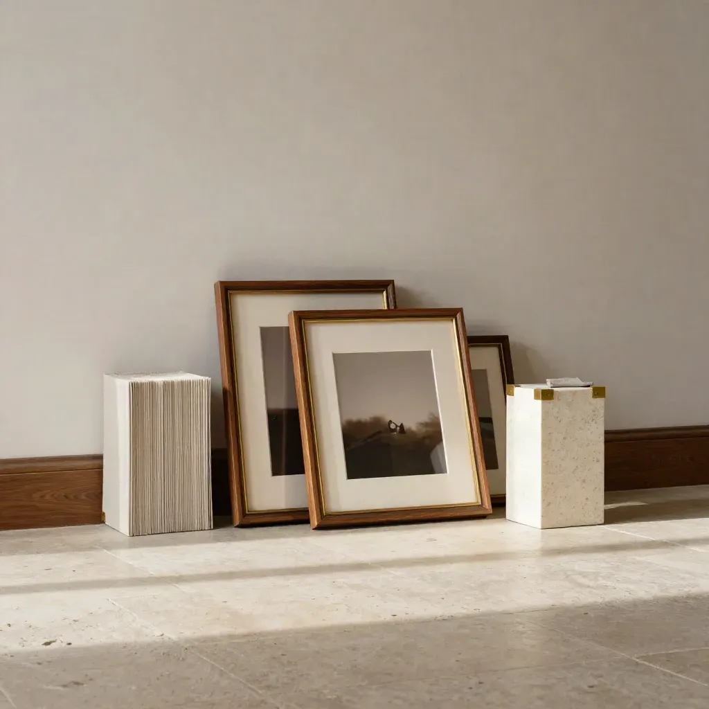 Mid-install gallery frames, linen mats and a stone plinth in soft daylight.