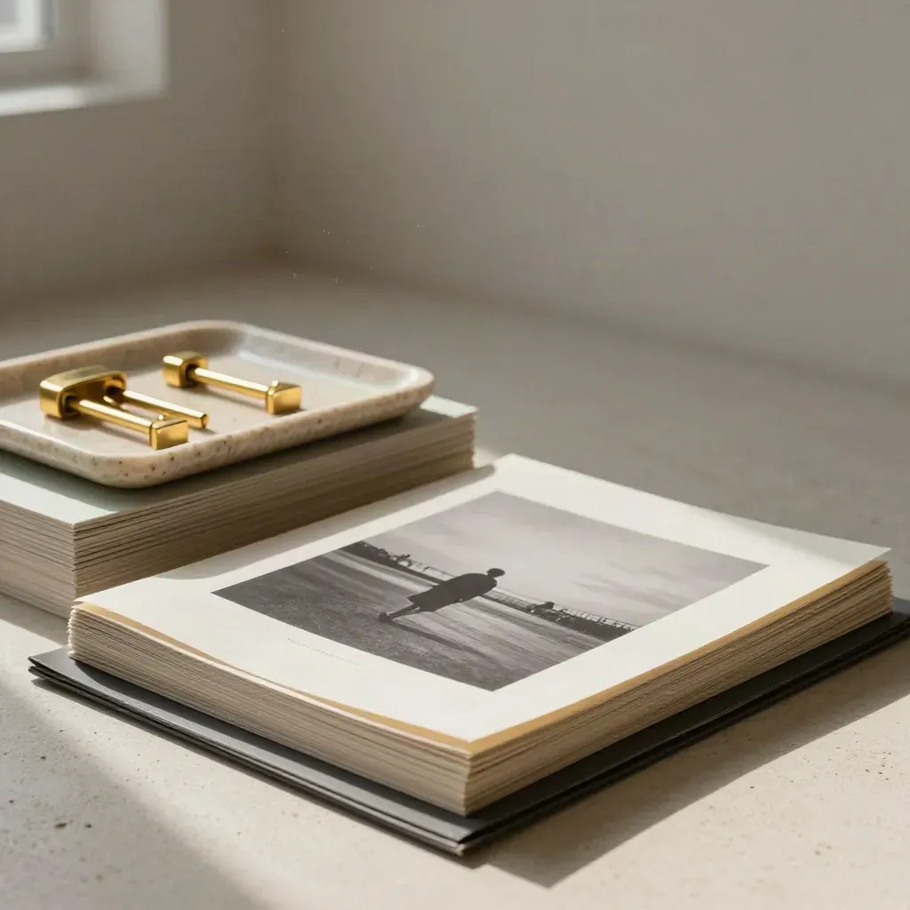 Stacked portfolio prints and linen folios in a pale plaster room lit by a morning sunbeam.