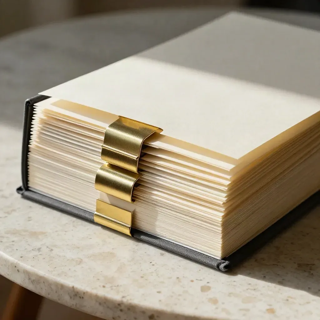 Top-down macro of a credentials dossier with brass clips and a bound portfolio booklet on travertine.