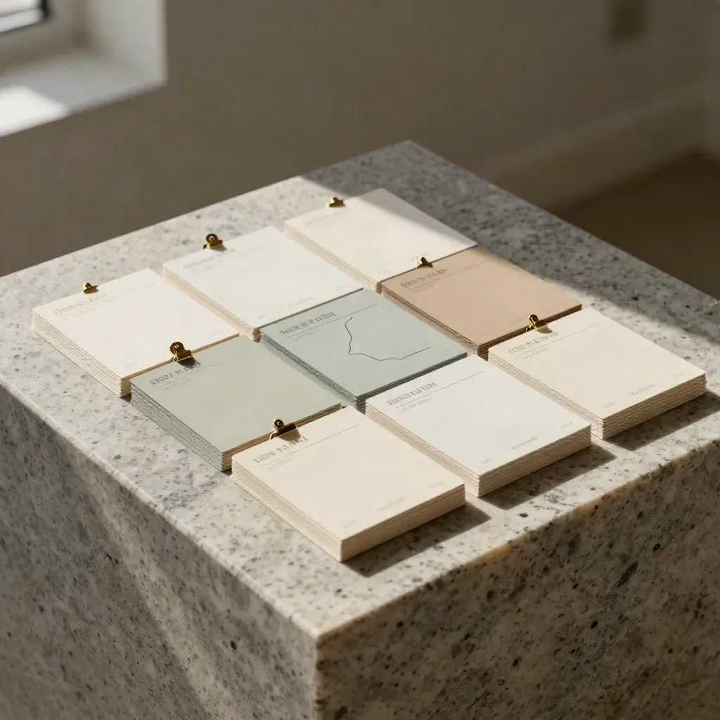 Ivory service cards and pale swatches clipped on brushed stone in moody light.