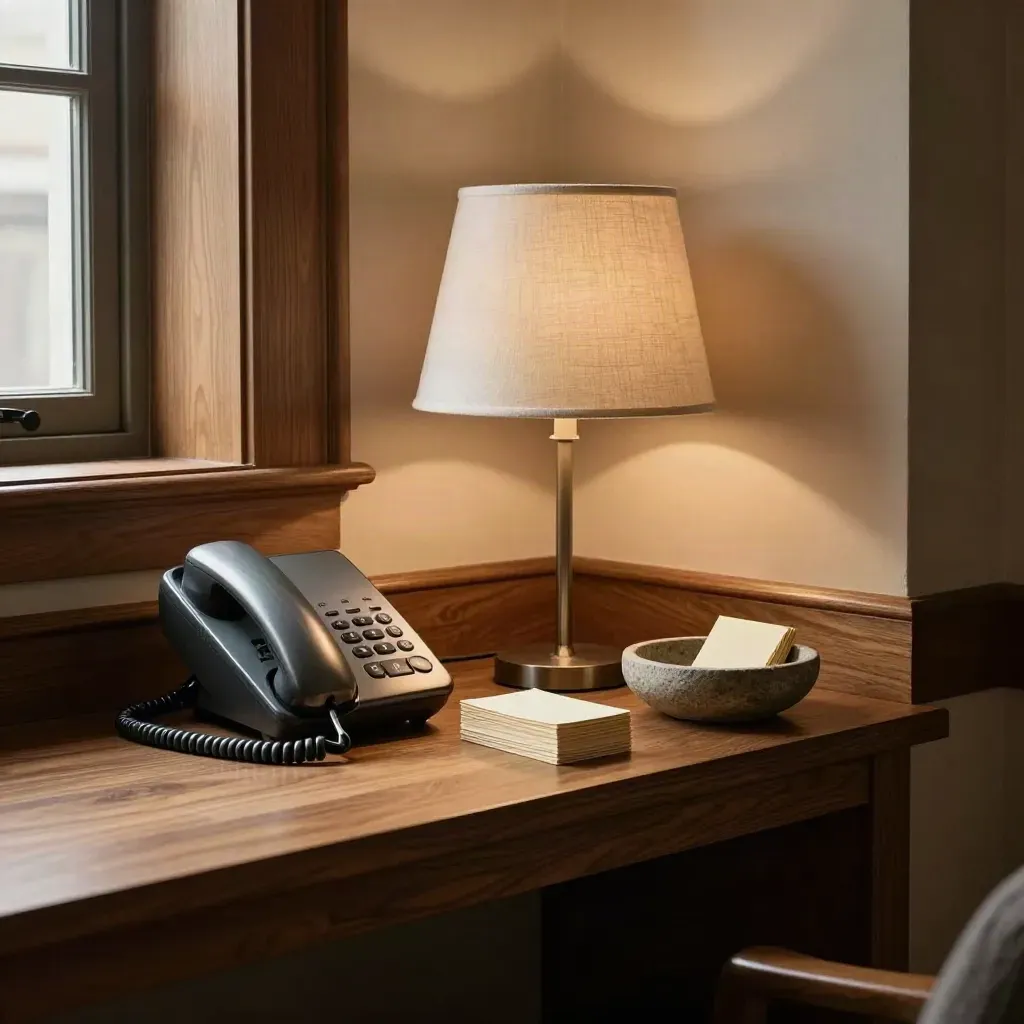 Twin desk phones, lamp, message cards and stone bowl in a warm studio alcove.