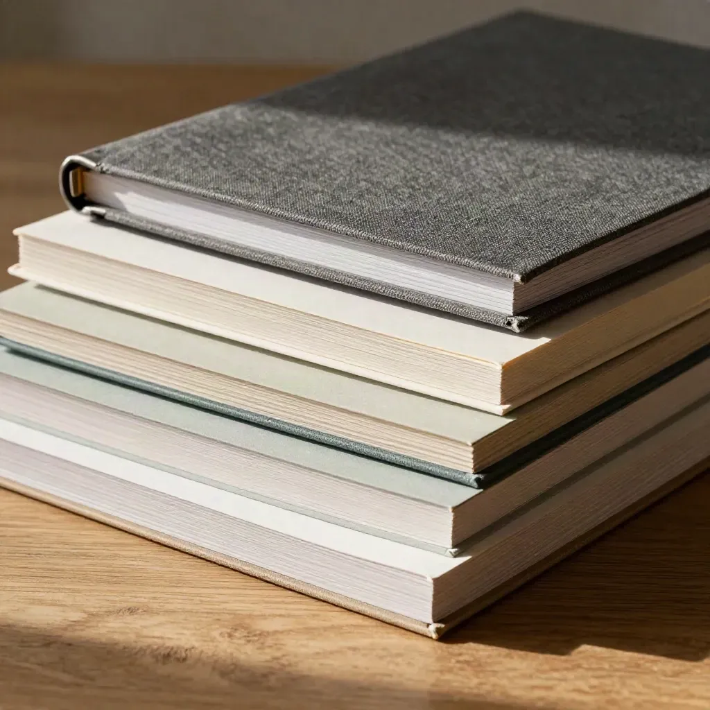 Closed manuscript folder with paper weights and dividers on oak in warm daylight