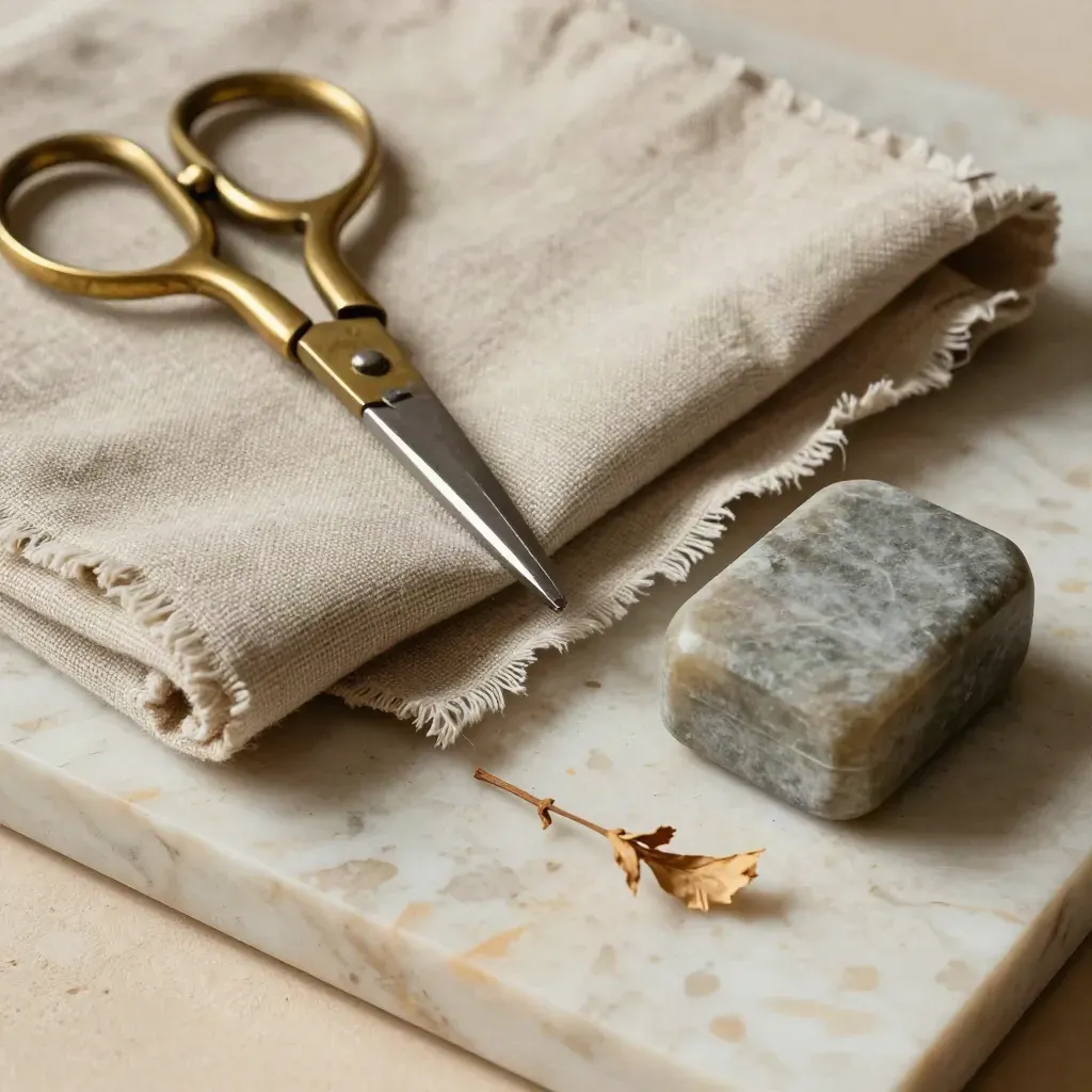 Linen portfolio still life with brass scissors, stone paperweight and dried stem on travertine.