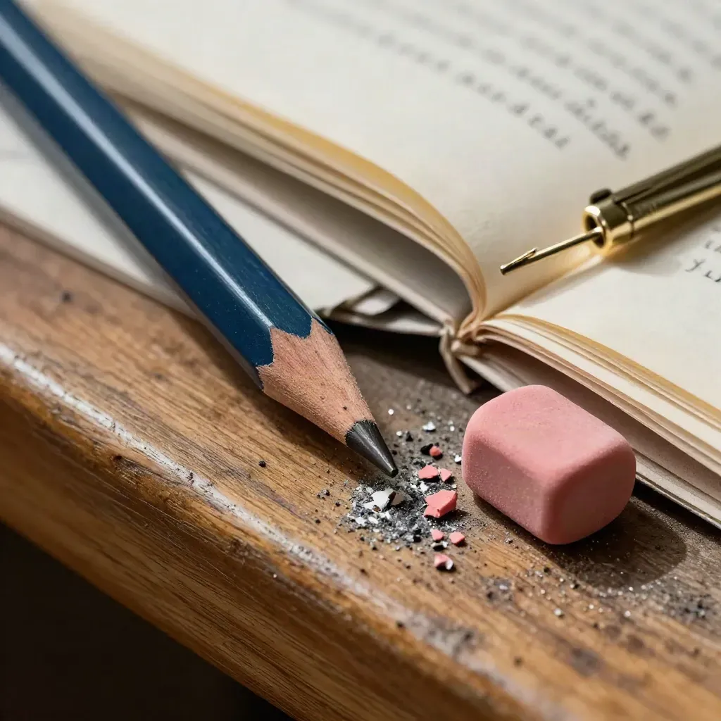 Macro of a blue pencil, pink eraser crumbs, curled pages and a gold clip on a proofing rail