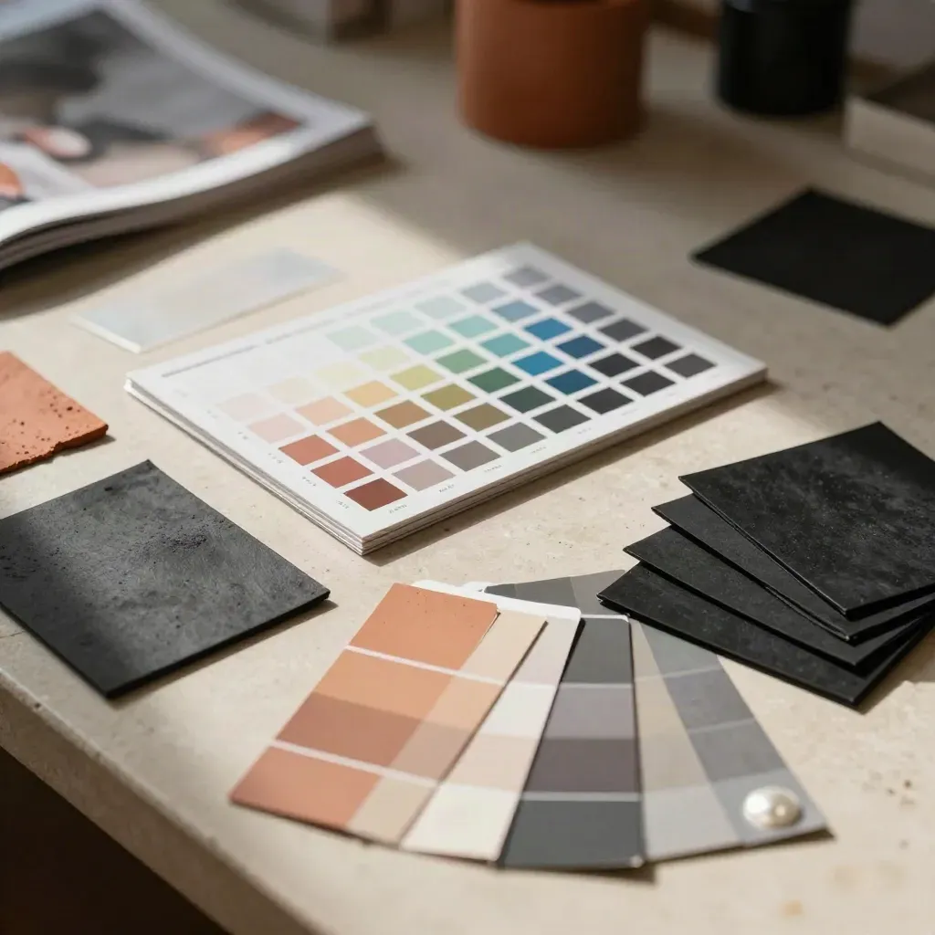Color checker, proof sleeves and swatch strips on a grading bench under soft daylight.