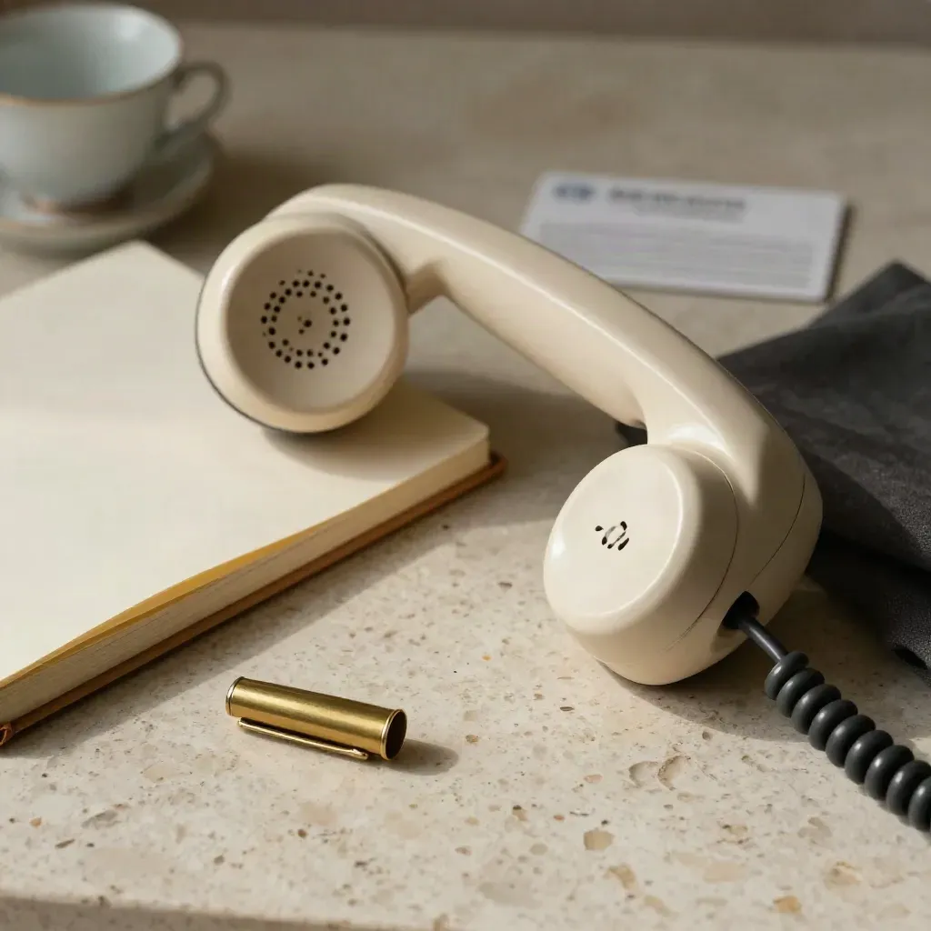 Classic handset, notebook, teacup, and brass cap on travertine in soft side light.