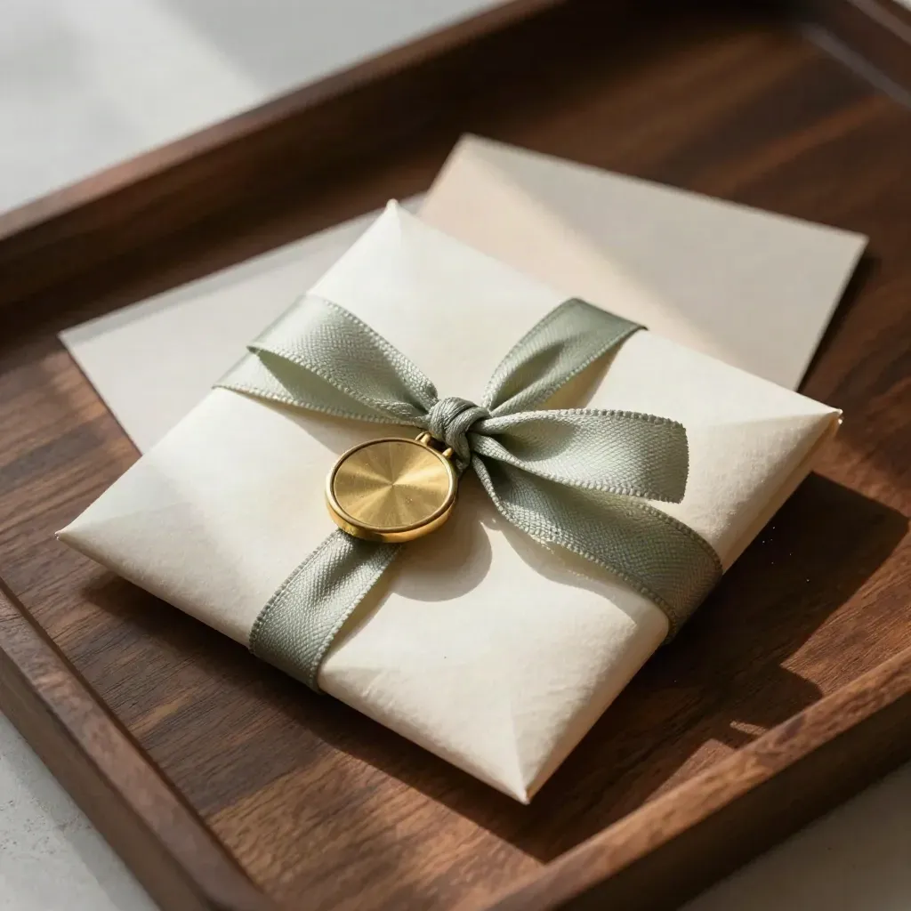 Closed proof packet tied with sage ribbon, brass seal, and folded card on a dark wood tray