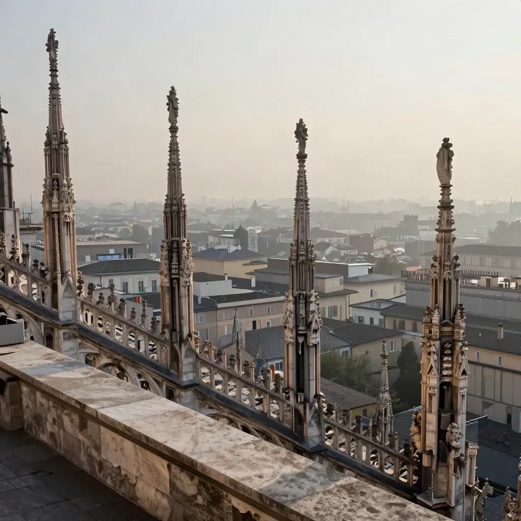 Milan Duomo spires in pre-dawn fog above a calm travertine terrace