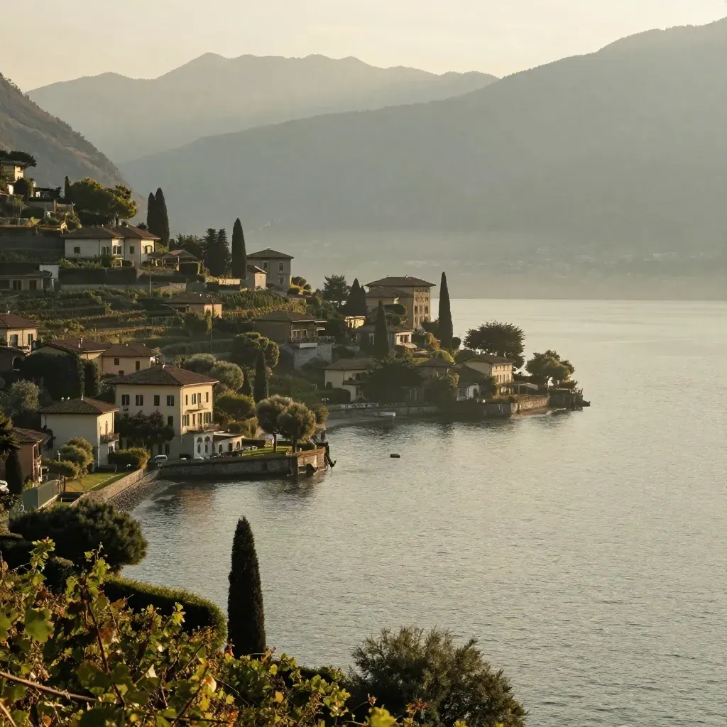 Lake Como villas above misty water with calm open space for copy