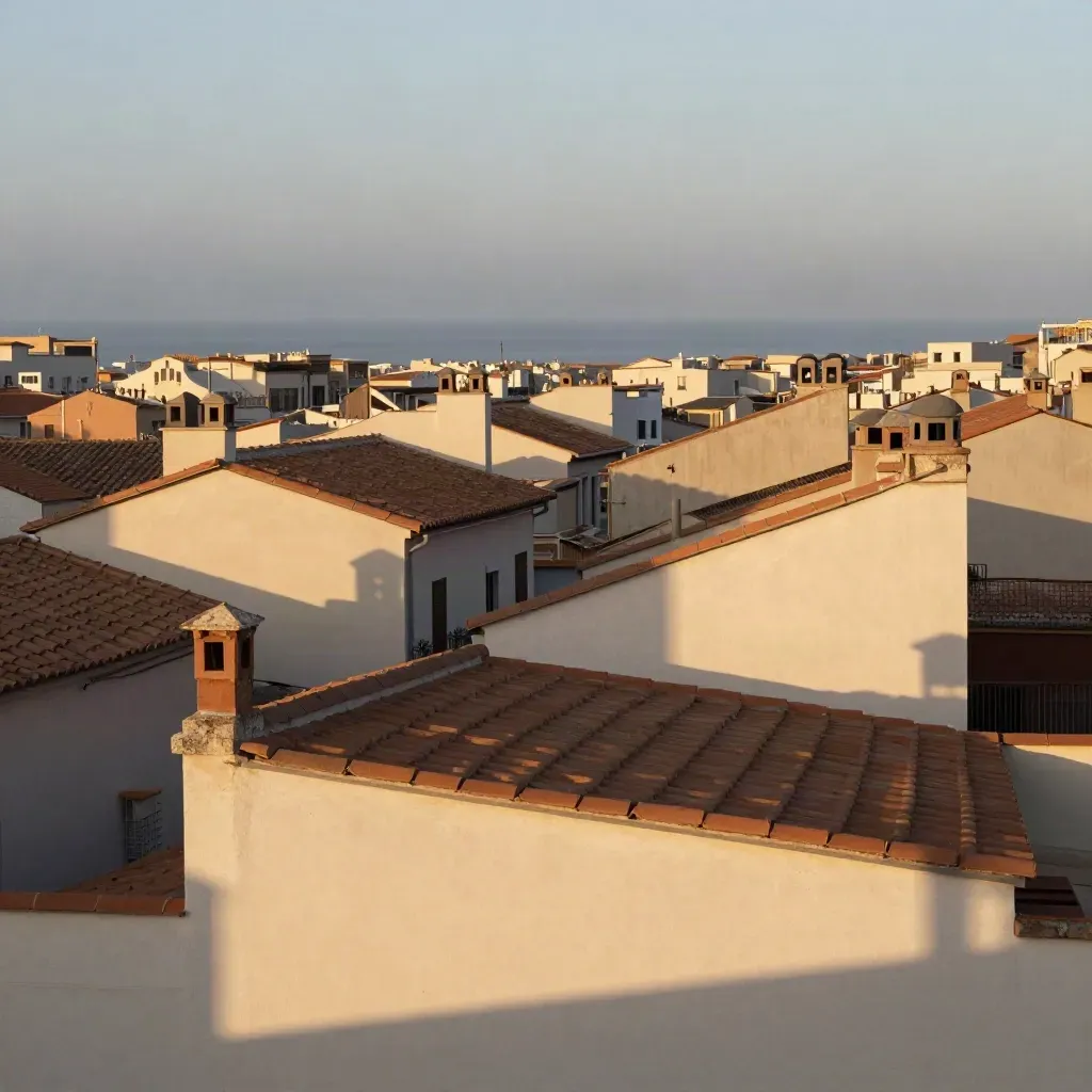 Sunlit Barcelona rooftops and the Mediterranean horizon through sea mist, with calm space below.