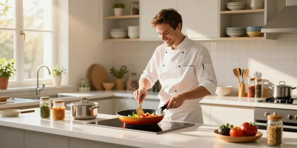 Non-Stick Cookware price in bangladesh displayed in a bright kitchen with colorful pots and pans.