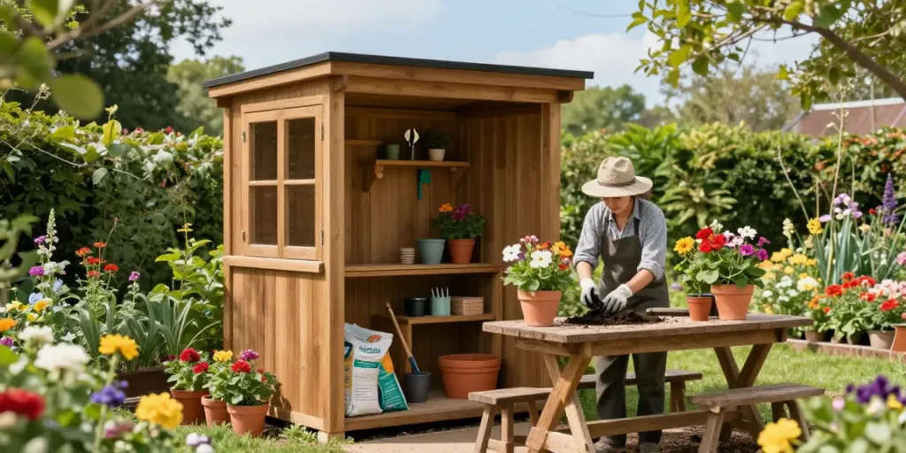 Vibrant garden scene with wooden garden potting shed, gardener potting flowers.