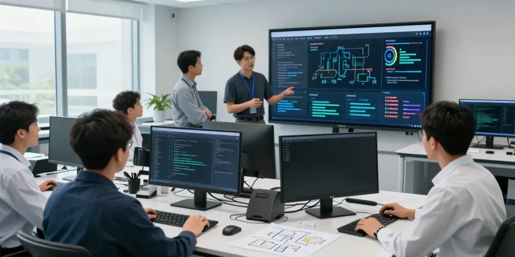 Team collaborating on enterprise AI models in a modern lab setting