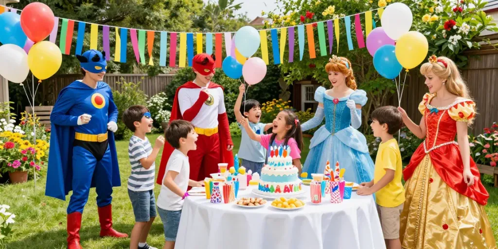 Children celebrating with joyful party characters for kids at a vibrant birthday party.