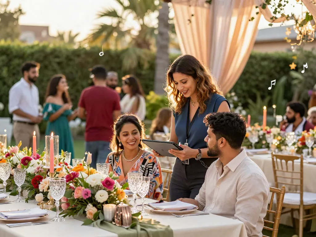 Outdoor wedding planning scene showcasing event rental ksa services with joyful couple and elegant decor.