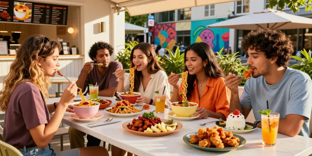 Viral food experience at ROKOK88 featuring spicy noodles, crunchy chicken, and modern desserts, capturing millennial customer enjoyment.