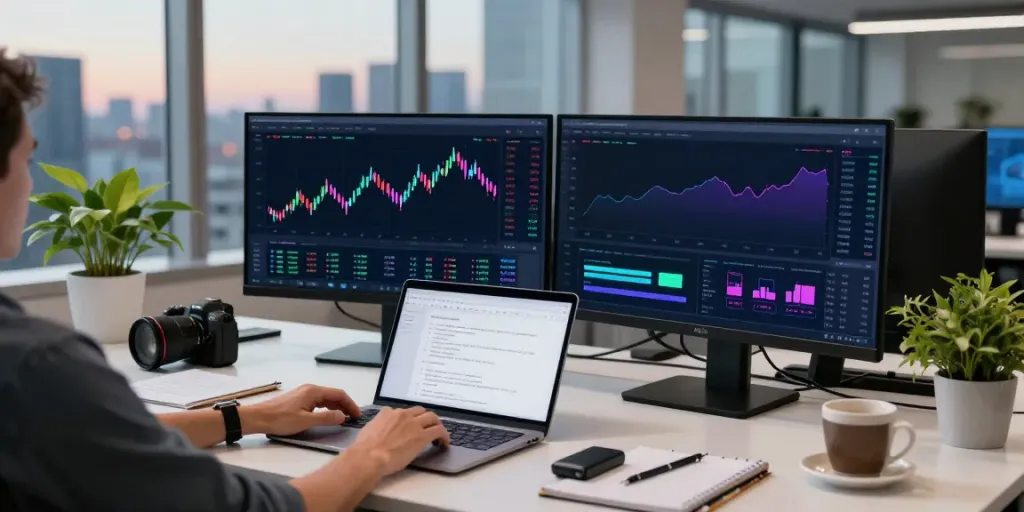 AI Trading Software in action on multi-screen setup with crypto price analysis.