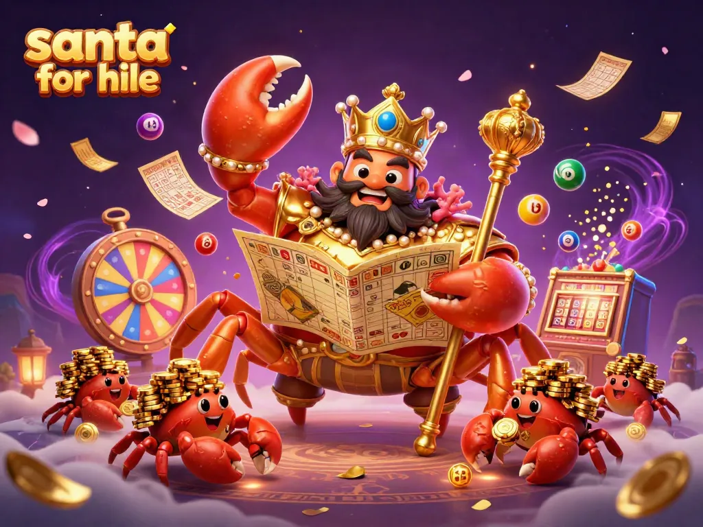 Engaging scene of a golden crab emperor with treasure map and crab servants amidst vibrant casino-themed elements, promoting santa for hire.